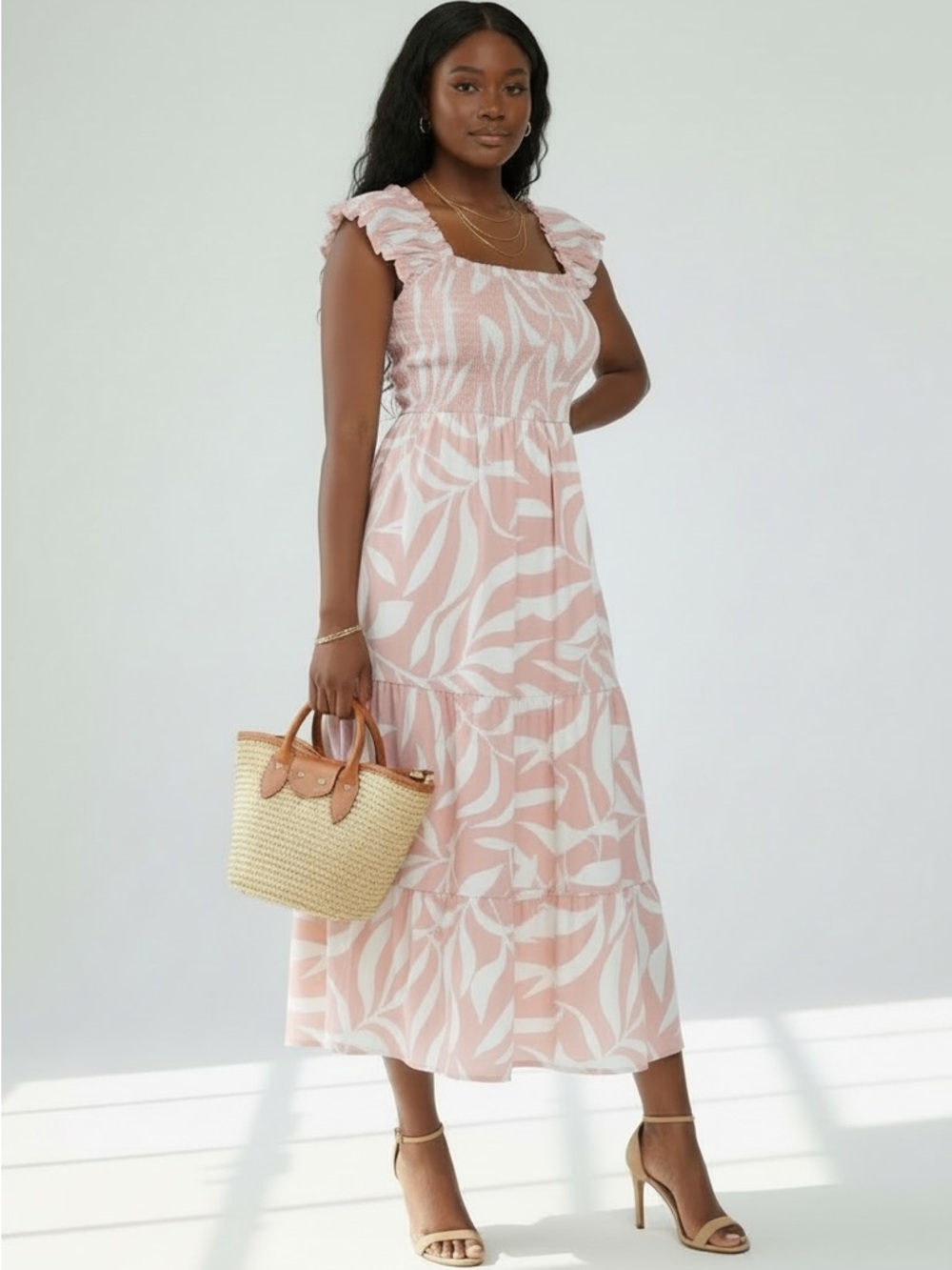 Blush and White Leaf Print Smocked Maxi Dress - Picture 1 of 6